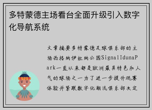 多特蒙德主场看台全面升级引入数字化导航系统